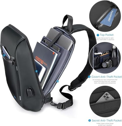Kingsons 13" Anti-Theft Laptop Sling Backpack. Waterproof nylon, USB port. Ideal for travel, hiking, camping. (FG6301-Black) - color: Fg6301-black