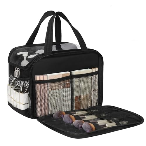 Travel Toiletry Bag for Women - Large Wide-Open Makeup Bag with Compartments, Lightweight Cosmetic Bag with Adjustable Dividers, Puffy Visible Toiletry Organizer for Full-Sized Container - color: Clear Black, size: Large