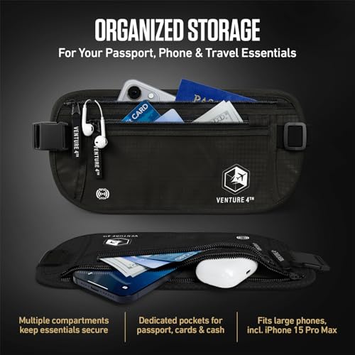 VENTURE 4TH Money Belt for Travel – Slim Hidden Under-Clothes RFID Blocking Anti-Theft Passport Holder & Travel Wallet Pouch for Men & Women to Protect Cash, Cards & Documents (Pure Black) - color: Pure Black