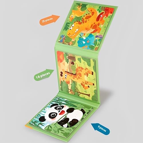 Magnetic Puzzles for Kids 3-5 Years, 3 in 1 Montessori Learning Toys with 9/16/25 PCS, Travel Activity for Toddlers Age 3-5, Preschool Puzzle Game with Animal Designs (Panda, Giraffe, Dinosaur) - color: Green