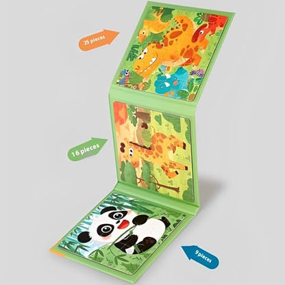 Magnetic Puzzles for Kids 3-5 Years, 3 in 1 Montessori Learning Toys with 9/16/25 PCS, Travel Activity for Toddlers Age 3-5, Preschool Puzzle Game with Animal Designs (Panda, Giraffe, Dinosaur) - color: Green