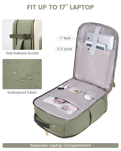 LOVEVOOK 56L Travel Backpack for Women & Men, Airline Approved Carry On Luggage with 3 Packing Cubes, TSA Overnight Bags, Waterproof Personal Item Bag, Weekender Essentials Backpacks fits 17" Laptop - color: Light Green-beige-olive Green, size: XX-Large