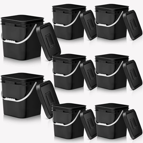 Mumufy 8 Pcs 3.5 Gallon Square Food Grade Bucket with Lid Square Bucket Pail Plastic Handles for Long Term Food Storage, Camping, Fishing, Home Organization Easy Stack and Store (Black) - color: Black