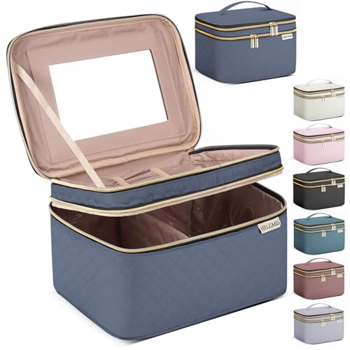 HXLGMD Large Makeup Bag with Mirror Double Layer Travel Make Up Organizer Case, Large Capacity Coemetic with Brush Slot Divider, Travel Toiletry Bag for Women (Aegean Blue) - color: Aegean Blue