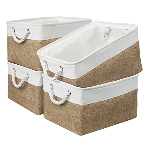 Storage Basket Fabric Sturdy Canvas Storage Bins Organizer with Handles for Clothes and Storage Foldable Storage Boxes Cubes - color: White&Peru, size: Large (Pack of 4)
