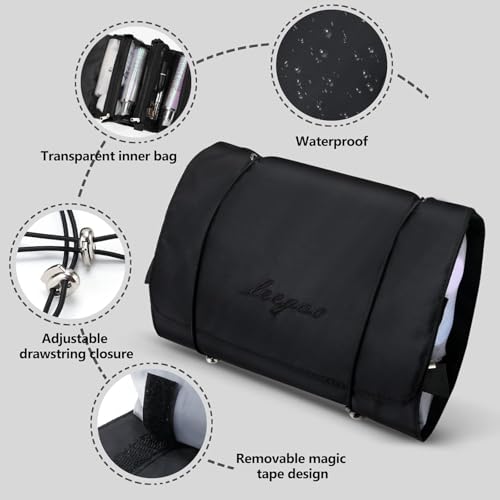 Roll Up Makeup Bag, Hanging Toiletry Bag, 4 in 1 Detachable Cosmetic Bag, 4 Removable Storage Bags, Travel Makeup Organizer Bags for Women Men(Black) - color: Black