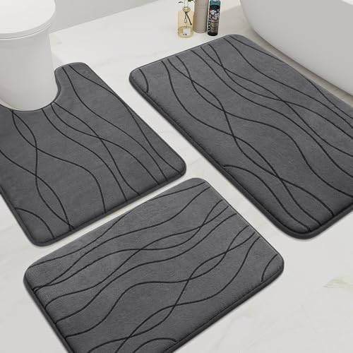 YIHOUSE Memory Foam Bathroom Rug Set, 3 Pieces - Dark Grey (Ultra Soft, Absorbent, Non-Slip, Machine Washable) | Ultra Soft, Absorbent, Non-Slip, Machine Washable - color: Dark Grey, size: 1'8" x 2'8"