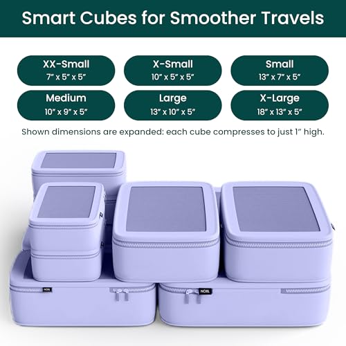 NOBL Travel Compressible Packing Cubes Set, 6 Pieces Travel Packing Organizers, Compression Luggage Cubes for Suitcases & Carry On, Space Saving (XXS, XS, S, M, L, XL) - Lavender - color: Lavender