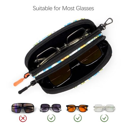 Double Eyeglasses Case Soft Portable Zipper Sunglasses Pouch with Keychain Clip for Men Women - color: Blue Flower