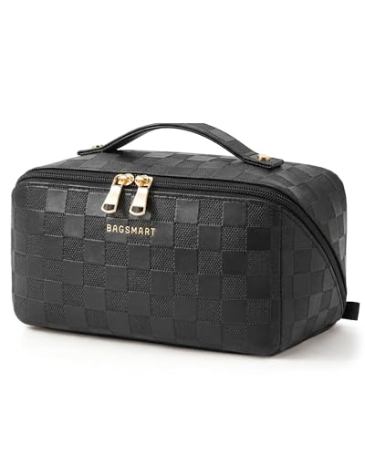 BAGSMART Makeup Bag Travel Cosmetic Bag, Large Make Up Bag Flat Open Toiletry Bag for Women, PU Leather Travel Essentials Organizer Case, Wide-open Pouch for Skincare, Brushes, Black Checkerboard - color: 08- Black Checkerboard