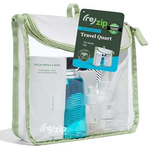 (re)zip TSA Approved Travel Toiletry Bag with Hanging Loop, Travel Quart Bag– Reusable Clear Makeup bags with zipper, Clear Pouch for Travel Essentials, Cosmetic | BPA-Free, Machine Washable - Sage - color: Sage