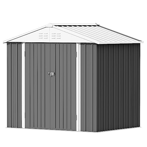 Devoko Outdoor Storage Shed 8 x 6 FT Lockable Metal Garden Shed Steel Anti-Corrosion Storage House with Single Lockable Door for Backyard Outdoor Patio (Gray) - color: Gray, size: 8x6 FT without Floor Frame