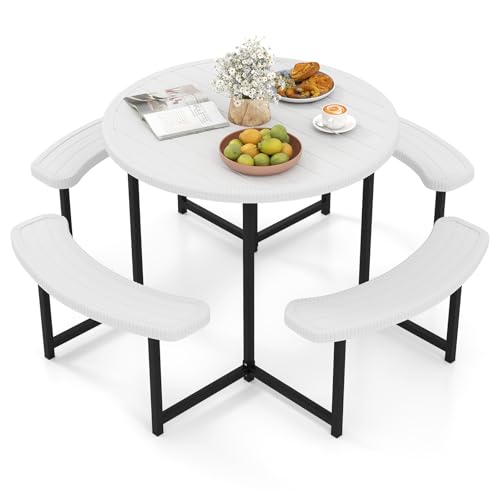 Tangkula 8 Person Picnic Table, HDPE Outdoor Round Table and Bench Set with 4 Built-in Benches, Umbrella Hole, Metal Frame for Garden Yard Patio Lawn - color: White