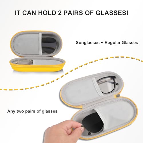 Double Glasses Case,Dual Eyeglasses & Sunglasses Organizer with Clip Zipper Closure for Travel 2 Pairs Storage Box - color: Yellow