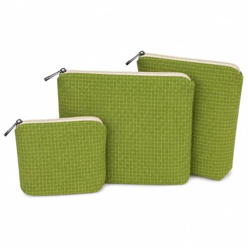 Small Zipper Pouches for Purse, 3 Pack Green Checkered Nylon Pouch Set, Purse Organizer Pouches for Makeup, Cards, Keys, Cables & Travel Essentials - color: GreenPlaid/Nylon