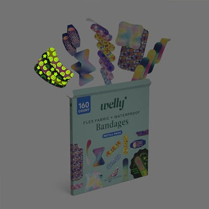 Welly Bandage Large Refill Pack | Adhesive Flexible Fabric, Glow-in-the-Dark & Waterproof Bandages | Assorted Shapes and Patterns for Minor Cuts, Scrapes, and Wounds - 160 Count - size: 160 Count (Pack of 1)