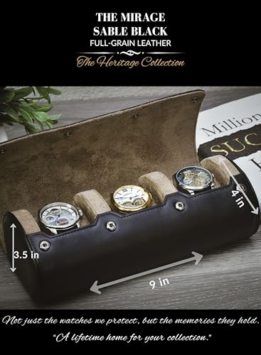 Watch Roll Travel Case Leather – 3 Slot Watch Holder Storage for Travel – Black Full Grain Cow Leather (Beige Interior) - color: Saffiano Real Leather/3 watches roll