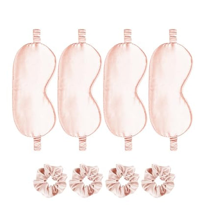 Satin Eye Mask 8Pcs Silk Sleep Masks Silky Blindfold Eyeshade Blackout Eyes Cover Scrunchies Hair Ties Travel Wedding Gifts - color: Blush
