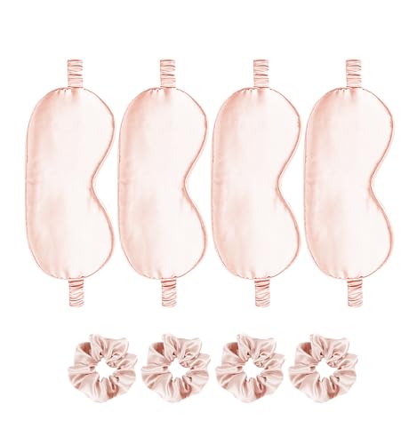 Satin Eye Mask 8Pcs Silk Sleep Masks Silky Blindfold Eyeshade Blackout Eyes Cover Scrunchies Hair Ties Travel Wedding Gifts - color: Blush