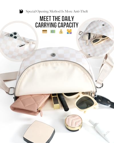 Crescent Bag for Women and Men, Fashion Medium Nylon Folding Crescent Moon Bag Single Shoulder Bag with Adjustable Strap - color: Crossbody bag- Beige Checkered