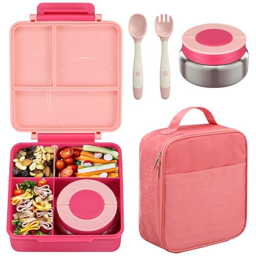 Bento Lunch Box Set for Kids with 8oz Soup Thermo, Leak-Proof Lunch Containers with 4 Compartment, Kids Thermo Hot Food Jar and Insulated Lunch Bag for Kid to School-Pink - color: Pink