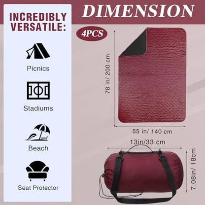 Preboun 4 Pack Large Waterproof Stadium Blankets Thick Warm Fleece Picnic Camping Blankets for Cold Weather Football Games Concerts Beach Outdoor Activities Homeless Donations(Dark Red) - color: Dark Red