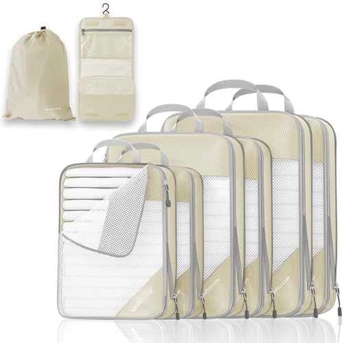 Compression Packing Cubes 8 Set, Compressible Space-Saving Packing Cubes for Travel - Compression Bags, Luggage Organizer, Travel Essentials for Women, Beige - color: Beige, size: 8 pcs