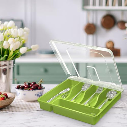 Utensil Holder for Countertop with Lid, Plastic Silverware Tray for Drawer (Green) - color: Green