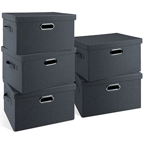 Graciadeco Medium 15" 21 Quart Collapsible Stackable Storage Bins with Lids, 5 Packs Dark Gray Foldable Fabric Closet Storage Boxes with Lids, Lidded Heavy-duty Linen Baskets(15x11x8) - color: Dark Gray, size: Medium -5 Pack