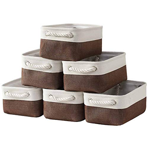 Small Storage Baskets for Shelves,Fabric Storage Baskets for Closet,Rectangular Collapsible Baskets for organizing Clothes,Books,Gifts - color: White&Flaxen, size: Small (Pack of 6)