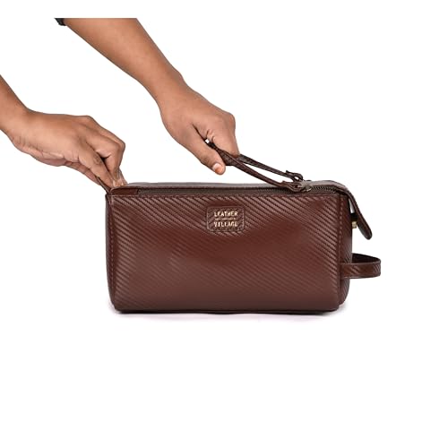 LEATHER VILLAGE Genuine Carbon Fiber Genuine Leather Travel Toiletry Bag - Large Dopp Kit, Water-Resistance Bathroom & Shaving Organizer for Men & Women - Brown - color: Carbon Brown