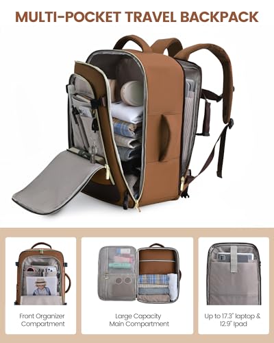 LOVEVOOK Travel Backpack for Women, 40L Carry On Backpack Flight Approved, Large Personal Item Bag Fits 17 inch Laptop, TSA Approved Luggage with 3 Packing Cubes,Waterproof Weekender Gym Essentials - color: Beige-brown, size: 40L