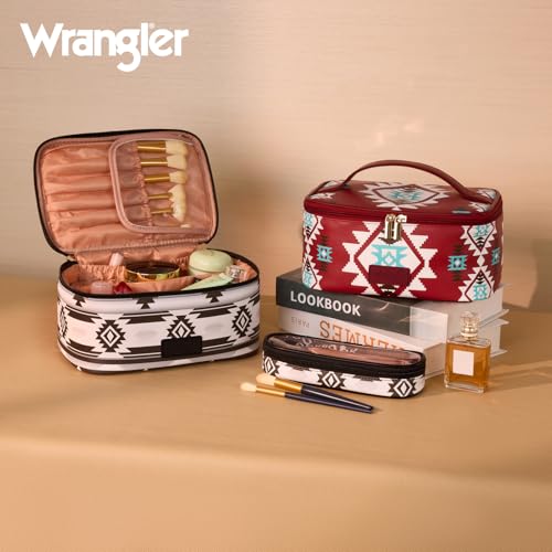 Montana West X Wrangler Travel Makeup Bag 2pcs Set Large Cosmetic Bag with Makeup Brush Holder Portable Make Up Organizer Cute Toiletry Bag with Divider and Handle for Women Aztec - color: Aztec-Black