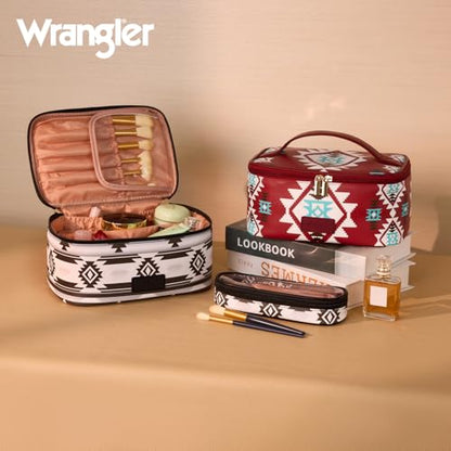Montana West X Wrangler Travel Makeup Bag 2pcs Set Large Cosmetic Bag with Makeup Brush Holder Portable Make Up Organizer Cute Toiletry Bag with Divider and Handle for Women Aztec - color: Aztec-Black