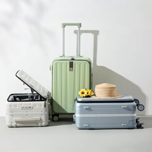 Hanke 20 Inch Carry On Luggage Aluminum Frame Front Opening Rolling Suitcase PC Hard Sided Luggage with Spinner Wheels Travel Luggage for Woman Men Gifts.(Dark Green) - color: Dark Green, size: 20 Inch