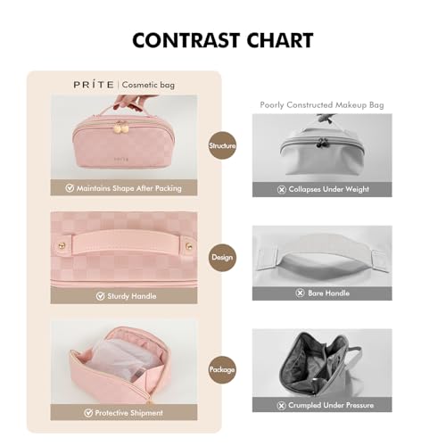 Prite Makeup Bag for Women Travel Waterproof Vegan Leather Cosmetic Bag Open Flat Toiletry Bag With Clear Divider and Handle (Plaid Pink, Medium) - color: Plaid Pink, size: Medium