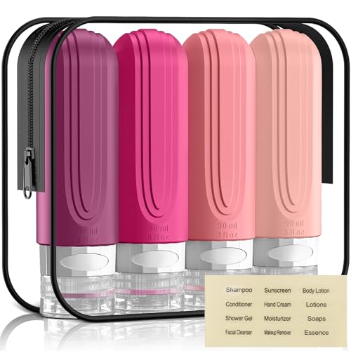 Travel Bottles for Toiletries, 3oz TSA Approved Travel Size Toiletries, Silicone Leak-Proof Refillable Containers, Squeezable Liquid Essentials Bottles W/Clear Bag (RED) - color: RED