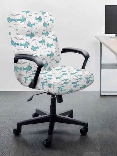 Turquoise Airplane Office Chair Covers, Stretchable Rotating Chair Slipcovers, Modern Abstract Art Cartoon Clouds Spandex Universal Boss Chairs Cover Removable Washable Seat Cover, Large - color: Grey, size: Large