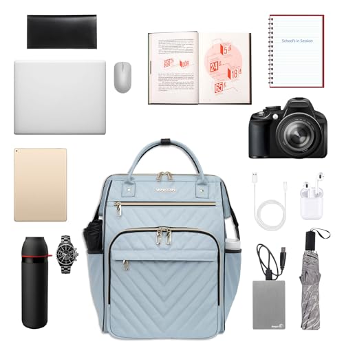 VANKEAN 17 Inch Laptop Backpack for Women Fashion Computer Work Bag, Large Capacity Waterproof, College Daypack Business Travel Backpack, Light Blue - color: Quilted Light Blue, size: 17.3 Inch