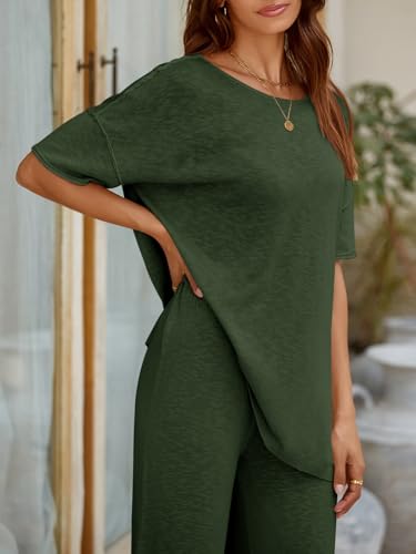 Tankaneo Women's 2 Piece Travel Outfits Casual Short Sleeve Knit Sweater Set Wide Leg Pants Lounge Sets Tracksuit - color: Army Green, size: Small