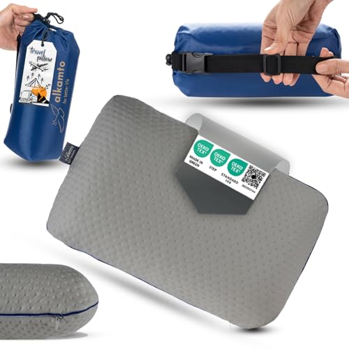 alkamto Travel & Camping Comfortable Memory Foam Pillow – Easy to Carry Portable Bag – Temperature Regulating Pillow Case (Grey) - size: Grey Travel