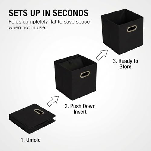Household Essentials Foldable Fabric Storage Bins 6 Piece Set, Strong Poly-Woven Fabric, Sturdy Chipboard Sides, Grommet Front Handle, Stackable, Classic Design, Black - color: Black, size: 11” L x 11” W x 11” H