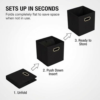 Household Essentials Foldable Fabric Storage Bins 6 Piece Set, Strong Poly-Woven Fabric, Sturdy Chipboard Sides, Grommet Front Handle, Stackable, Classic Design, Black - color: Black, size: 11” L x 11” W x 11” H