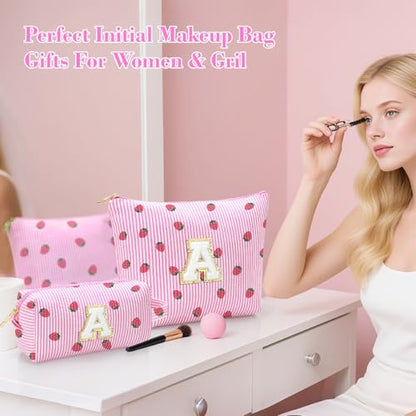 Personalized Initial Makeup Bag,Strawberry Print Preppy Cosmetic Toiletry Travel Bag,Trendy Letter Makeup Pouch for Teen Girls and Women,Holiday & Birthday Gift,2 Pack (O, Pink Strawberry) - style: O