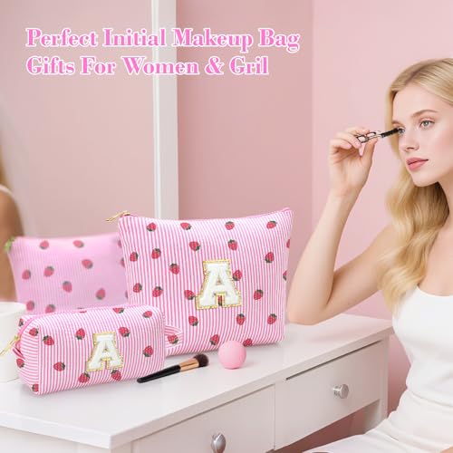 Personalized Initial Makeup Bag,Strawberry Print Preppy Cosmetic Toiletry Travel Bag,Trendy Letter Makeup Pouch for Teen Girls and Women,Holiday & Birthday Gift,2 Pack (W, Pink Strawberry) - style: W