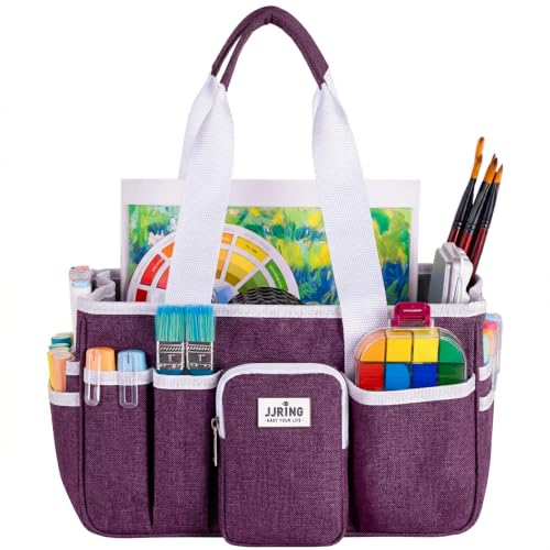 JJRING Craft Organizer Tote Bag, Portable Art Caddy with Adjustable Divider&Secure Zipper Pocket, Foldable Storage Tote for Scrapbooking, Sewing, Artist and Home(Deep Purple) - color: Deep Purple, size: Small