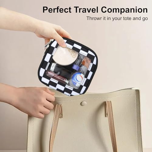 DOB SECHS Mini Checkered Bag for Purse 5.1'' x 5.1'' Small Makeup Bag for Car Cute Clear Cosmetic Bags with Zippers, Tiny Toiletry Bag Lipstick Pouch Organizer Case Travel Essentials Storage Pouches - color: Black+White Checkered