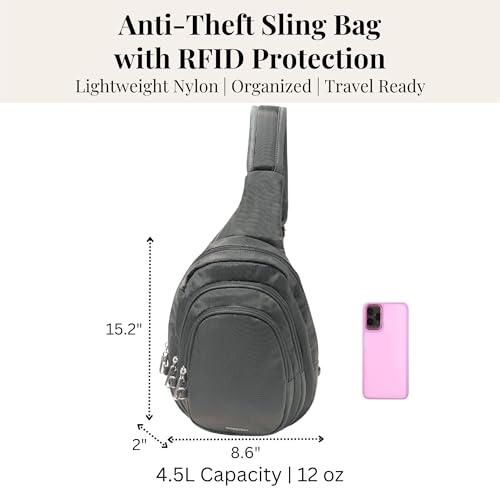 Baggallini Securtex® Anti-Theft Multi Zip Sling - Lightweight 8.6"x15.2" Travel Bag with Locking Zippers & RFID Protection - color: Charcoal