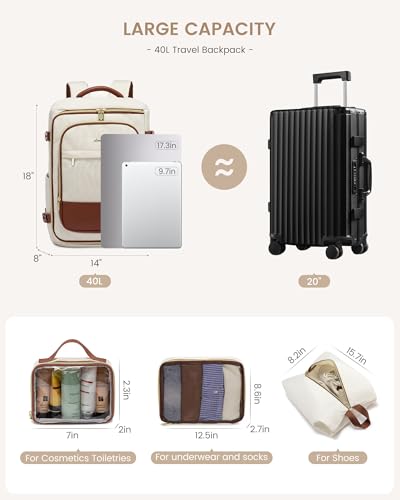 LOVEVOOK 40L Travel Backpack Carry on Flight Approved, Personal Item Bag with 3 Packing Cubes, Travel Backpack for Women Fits 17" Laptop, Water-resistant Carry On Bag for Airplanes - color: White & Brown, size: 40L-4PCS