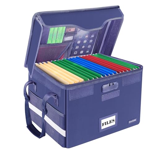 DocSafe Fireproof Document Box with Lock, File Storage Organizer with Mesh Pockets, Collapsible Portable File Box Home Office Safe Filing Cabinet with Handle for Hanging Letter/Legal Folder, Blue - color: Blue, size: 16" x 12.5" x 10.5", 1 pack